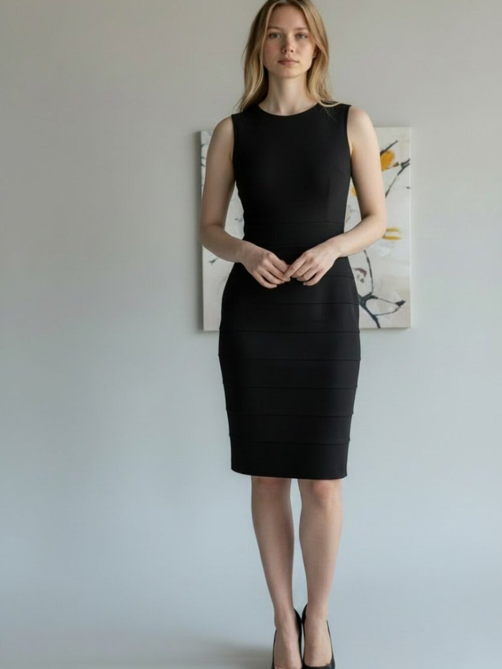 Calvin Klein Black Sleeveless Sheath Dress Horizontal Stitching Seams Sz S / 4